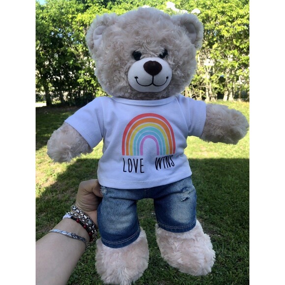 Build-A-Bear Happy Hugs Tan Swirl Plush Bear 16" Pride Rainbow Shirt Blue Jeans - Picture 1 of 11